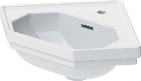 DURAVIT Rohové umývátko 079342 Design by Duravit #07934200001 - p Barva 00, Bílá Vysoký lesk, Oktagonální, Počet míst pro mytí: 1 Uprostřed, Počet otvorů pro armaturu na jednom umyvadle: 1 Uprostřed 595 x 450 mm