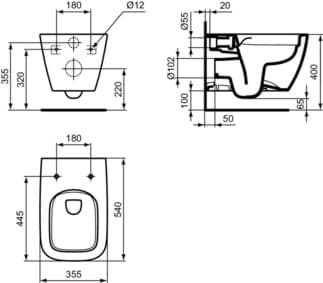 IDEAL STANDARD I.LIFE B - Závěsný klozet 355x540x335 mm v bílé lesklé barvě, plné splachování CL1 3,9 - 6 l/min, horizontální odtok - CL1, CL2, EasyFix+, technologie splachování bez okrajů RimLS+, SmartGuard+ #T4614HY - Bílá (SmartGuard)