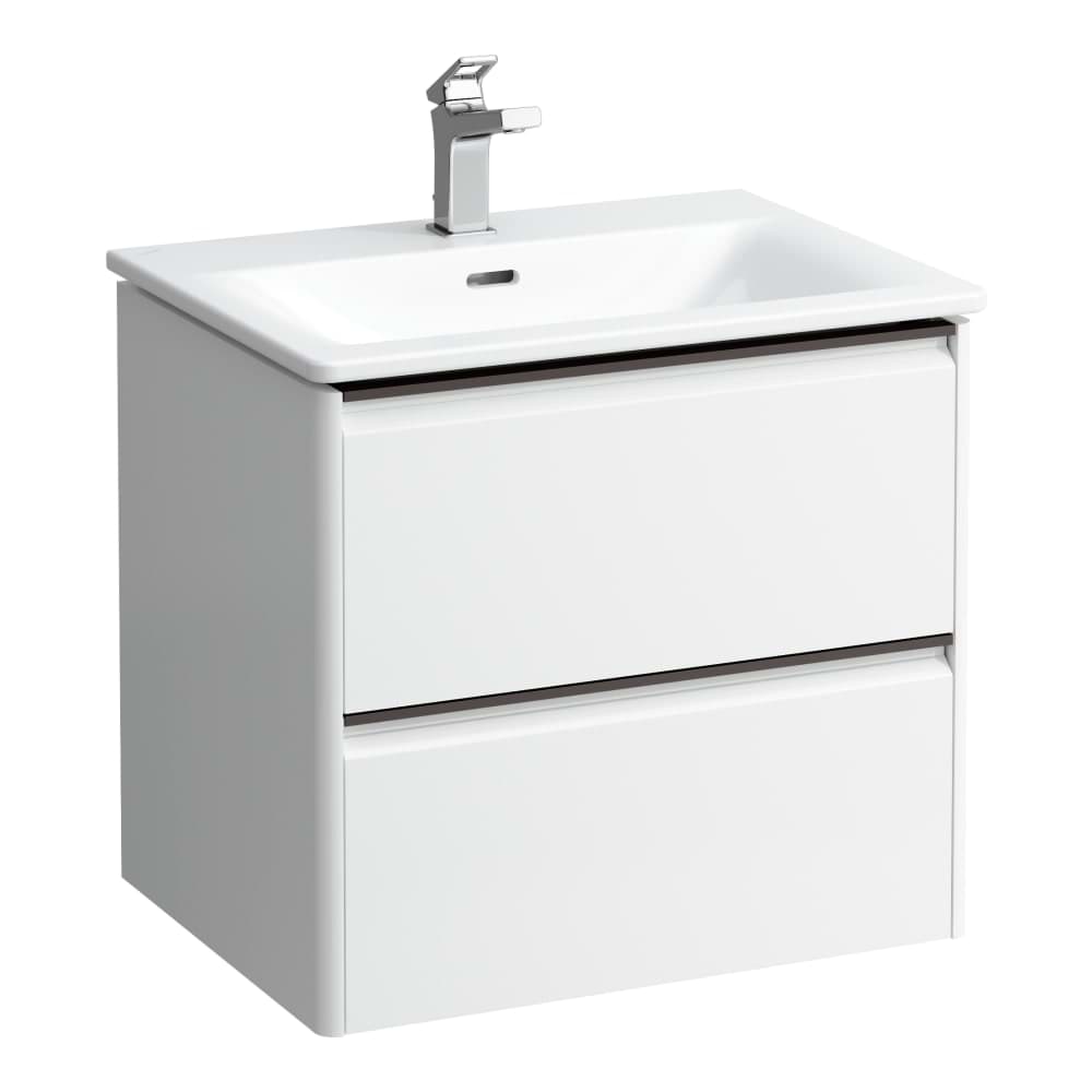 LAUFEN PALACE Umyvadlo slim se skříňkou 60 cm, se 2 zásuvkami, vč. dělícího systému do zásuvek. Lze instalovat standardní nebo prostorově úsporný sifon H894250, s držákem z tmavého hliníku 600 x 450 x 545 mm #H8617022621041 - 262 - Světlý jilm