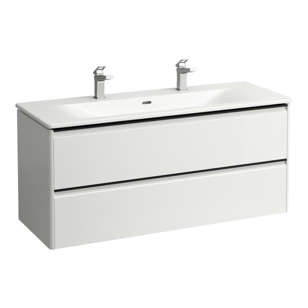LAUFEN PALACE Umyvadlo slim se skříňkou 120 cm, se 2 zásuvkami, vč. dělícího systému do zásuvek. Lze instalovat standardní nebo prostorově úsporný sifon H894250, s držákem z eloxovaného hliníku 1200 x 450 x 545 mm #H8617092661071