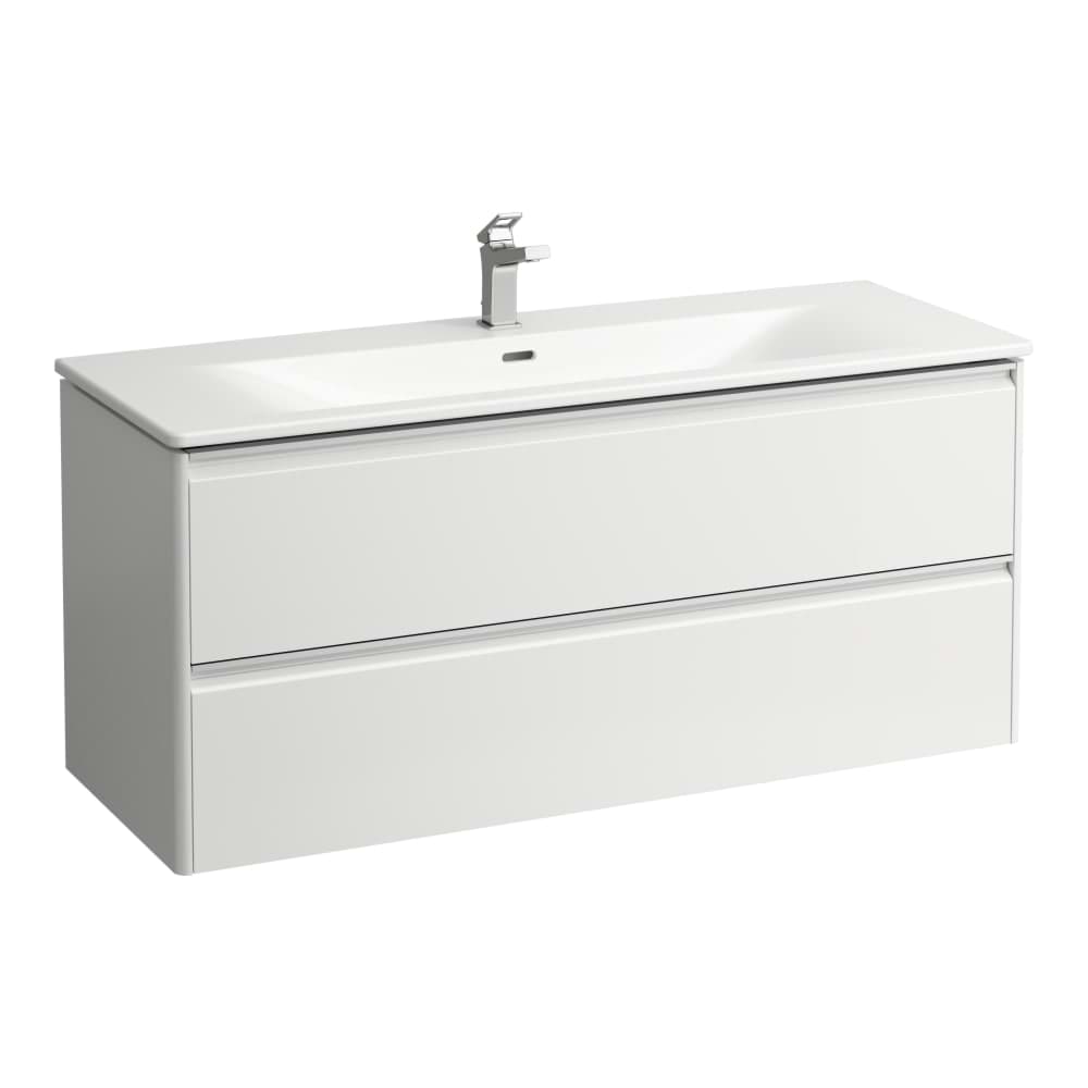 LAUFEN PALACE Umyvadlo slim se skříňkou 120 cm, se 2 zásuvkami, vč. dělícího systému do zásuvek. Lze instalovat standardní nebo prostorově úsporný sifon H894250. s držákem z eloxovaného hliníku 1200 x 450 x 545 mm #H8607092601041