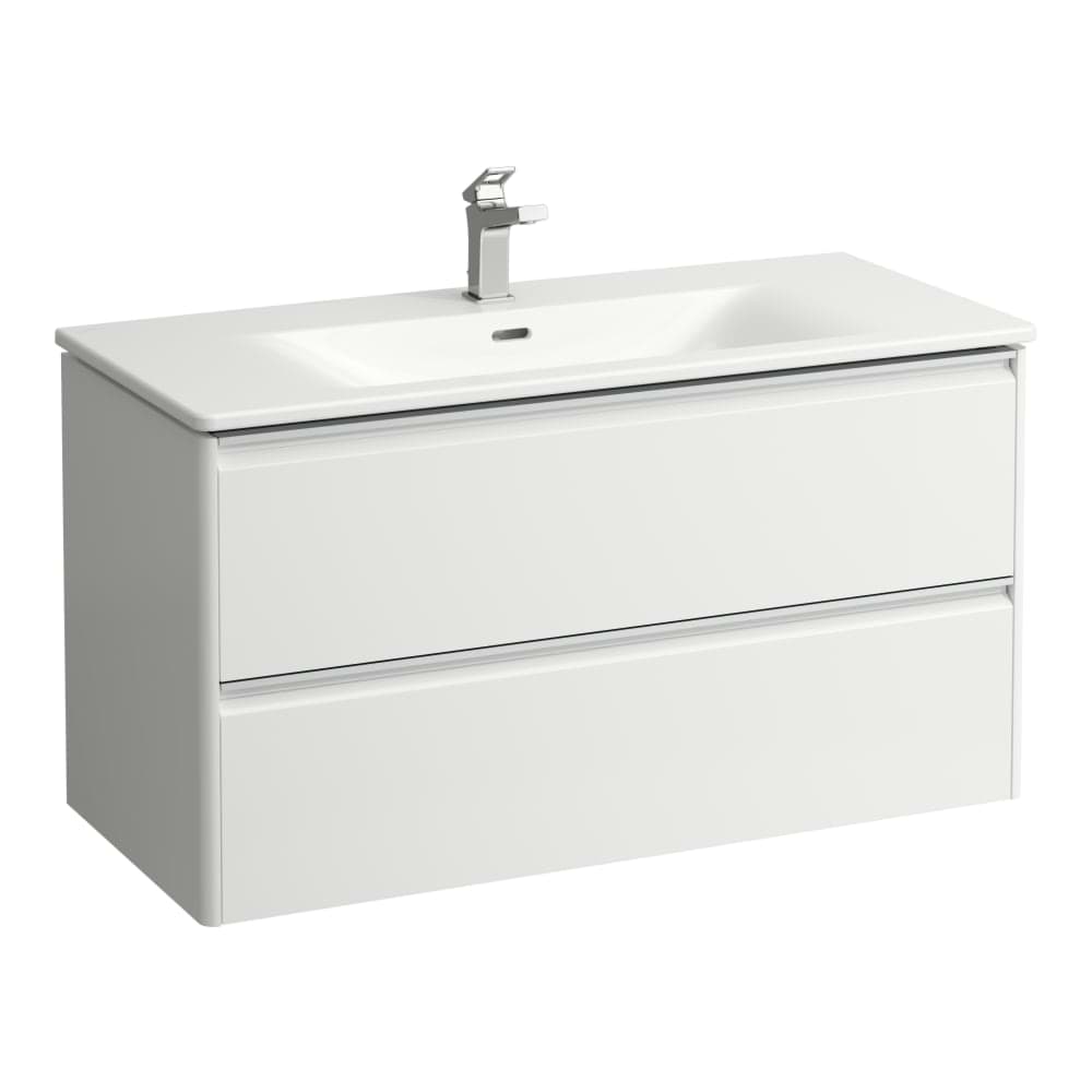 LAUFEN PALACE Umyvadlo slim se skříňkou 100 cm, se 2 zásuvkami, vč. dělícího systému do zásuvek. Lze instalovat standardní nebo prostorově úsporný sifon H894250 s držákem z eloxovaného hliníku. 1000 x 450 x 545 mm #H8607072631041 - 263 - Tmavěhnědý jilm