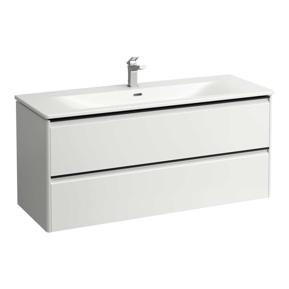 LAUFEN PALACE Umyvadlo slim se skříňkou 120 cm, se 2 zásuvkami, vč. dělícího systému do zásuvek. Lze instalovat standardní nebo prostorově úsporný sifon H894250, s držákem z eloxovaného hliníku 1200 x 450 x 545 mm #H8617092631041