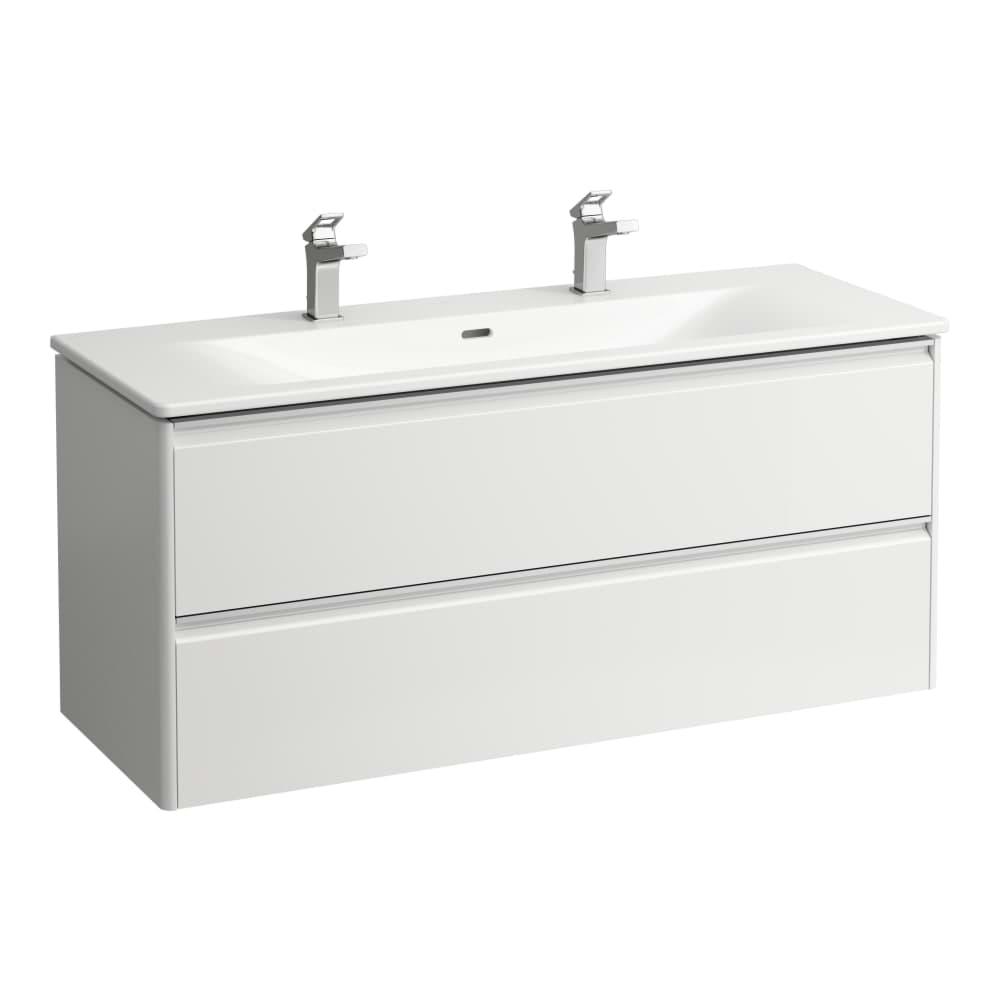 LAUFEN PALACE Umyvadlo slim se skříňkou 120 cm, se 2 zásuvkami, vč. dělícího systému do zásuvek. Lze instalovat standardní nebo prostorově úsporný sifon H894250. S držákem z eloxovaného hliníku. 1200 x 450 x 545 mm #H8607092661071