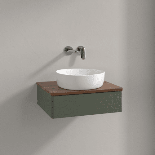 VILLEROY BOCH Toaletní stolek Antao, 1 zásuvka, 600 x 190 x 500 mm, přední strana bez konstrukce, listově zelený matný lak / teplý ořech #K07012HL, obrázek 2