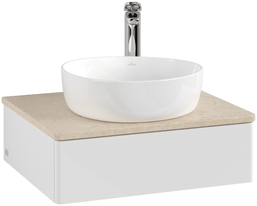 VILLEROY BOCH Toaletní skříňka Antao, 1 zásuvka, 600 x 190 x 500 mm, přední strana bez konstrukce, lesklý bílý lak / Botticino #K07053GF