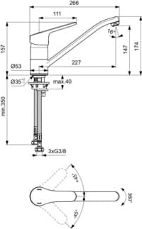 IDEAL STANDARD CERAFORM - Kuchyňská baterie 53x266x174 mm, svislá vzdálenost od středu výtoku 227 mm, chrom, 6 l/min (3 bary) - EasyFix, EPD, povrch SmartShine #B1932AA - chrom