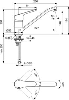 IDEAL STANDARD CERAFORM - Kuchyňská baterie 53x266x174 mm, svislá vzdálenost od středu výtoku 227 mm, chrom, 9 l/min (3 bary) - EasyFix, EPD, povrch SmartShine #B1920AA - chrom