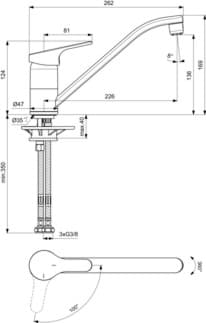 IDEAL STANDARD CERAFIT - Kuchyňská baterie 47x262x169 mm, svislá vzdálenost od středu výtoku 226 mm, chrom, 6 l/min (3 bary) - EasyFix, BlueStart, Click technology, EPD, FirmaFlow, SmartShine povrch #BC134AA - chrom