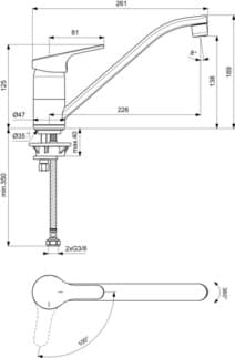 IDEAL STANDARD CERAFIT - Kuchyňská baterie 47x261x169 mm, svislá vzdálenost od středu výtoku 226 mm, chrom, 9 l/min (3 bary) - EasyFix, BlueStart, Click technology, EPD, FirmaFlow, SmartShine povrch #BC133AA - chrom