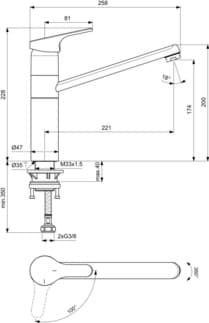 IDEAL STANDARD CERAFIT - Kuchyňská baterie 47x258x228 mm, svislá vzdálenost od středu výtoku 221 mm, chrom, 9 l/min (3 bary) - EasyFix, BlueStart, Click technologie, EPD, FirmaFlow, SmartShine povrch #BC139AA - chrom