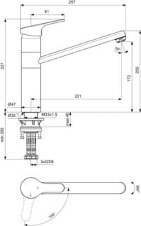 IDEAL STANDARD CERAFIT - Kuchyňská baterie 47x257x227 mm, svislá vzdálenost od středu výtoku 221 mm, chrom, 6 l/min (3 bary) - EasyFix, BlueStart, technologie Click, EPD, FirmaFlow, povrch SmartShine #BC140AA - chrom