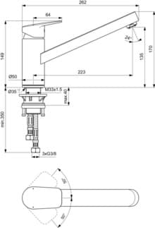 IDEAL STANDARD CERAPLAN - Kuchyňská baterie 50x262x170 mm, svislá vzdálenost od středu výtoku 223 mm, chrom, 5 l/min (3 bary) - omezovač průtoku, instalace na přední okno, povrch SmartShine #BD309AA - chrom