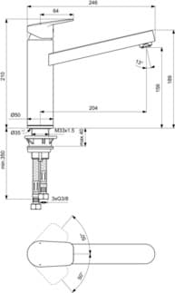 IDEAL STANDARD CERAPLAN - Kuchyňská baterie 50x246x210 mm, svislá vzdálenost od středu výtoku 204 mm, chrom, 5 l/min (3 bar) - omezovač průtoku, povrch SmartShine #BD312AA - chrom