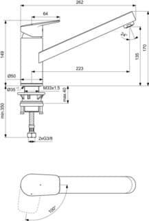 IDEAL STANDARD CERAPLAN - Kuchyňská baterie 50x262x170 mm, svislá vzdálenost od středu výtoku 223 mm, chrom, 9 l/min (3 bar) - BlueStart, povrch SmartShine #BD310AA - chrom