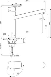 IDEAL STANDARD CERAPLAN - Kuchyňská baterie 50x246x210 mm, svislá vzdálenost od středu výtoku 204 mm, chrom, 9 l/min (3 bar) - BlueStart, povrch SmartShine #BD313AA - chrom