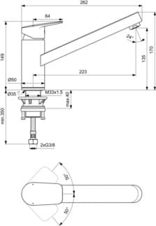 IDEAL STANDARD CERAPLAN - Kuchyňská baterie 50x262x170 mm, svislá vzdálenost od středu výtoku 223 mm, chrom, 9 l/min (3 bary) - povrch SmartShine #BD308AA - chrom