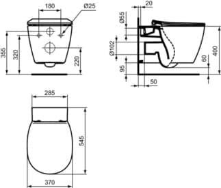 IDEAL STANDARD CONNECT - Závěsné WC 370x545x340 mm v bílé barvě, plné splachování CL1 4,5 - 6 l/min, horizontální odtok - CL1, technologie splachování AquaBlade, IdealPlus #E0479MA - Bílá (Alpine) s Ideal Plus, obrázek 6
