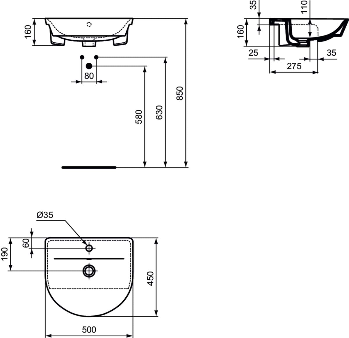 IDEAL STANDARD Connect Air polozapuštěné umyvadlo 500x450mm, s 1 otvorem pro baterii, s otvorem pro přepad (kulatý) #E0358MA - Bílá (Alpine) s Ideal Plus