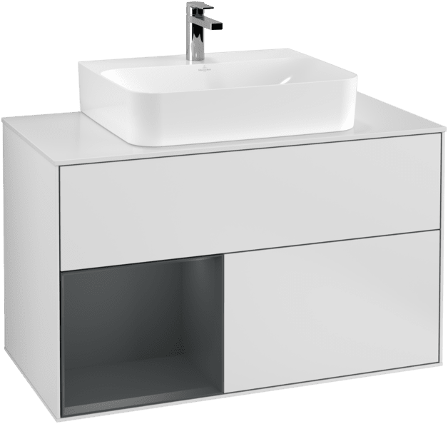VILLEROY BOCH Toaletní skříňka Finion, s osvětlením, 2 výsuvy, 1000 x 603 x 501 mm, bílý matný lak / půlnoční modrý matný lak / bílé matné sklo #F111HGMT