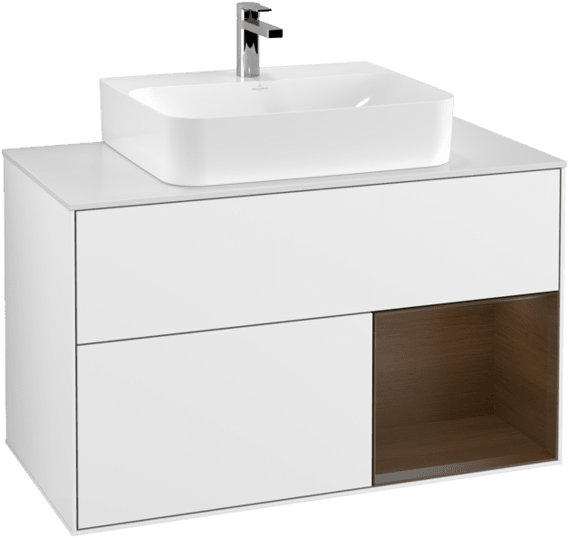 VILLEROY BOCH Toaletní skříňka Finion, s osvětlením, 2 výsuvy, 1000 x 603 x 501 mm, lesklý bílý lak / ořechová dýha / sklo bílé matné #F121GNGF