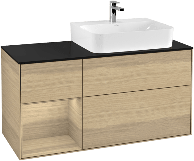 VILLEROY BOCH Toaletní stolek Finion, s osvětlením, 3 výsuvy, 1200 x 603 x 501 mm, dubová dýha / dubová dýha / sklo černé matné #F142PCPC