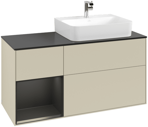 VILLEROY BOCH Toaletní skříňka Finion, s osvětlením, 3 výsuvy, 1200 x 603 x 501 mm, hedvábně šedý matný lak / černý matný lak / černé matné sklo #F142PDHJ