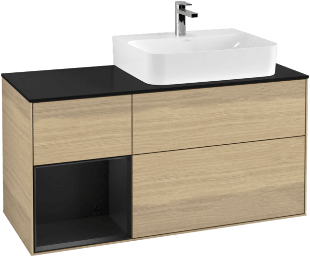 VILLEROY BOCH Toaletní skříňka Finion, s osvětlením, 3 výsuvy, 1200 x 603 x 501 mm, dubová dýha / černý matný lak / černé matné sklo #F142PDPC