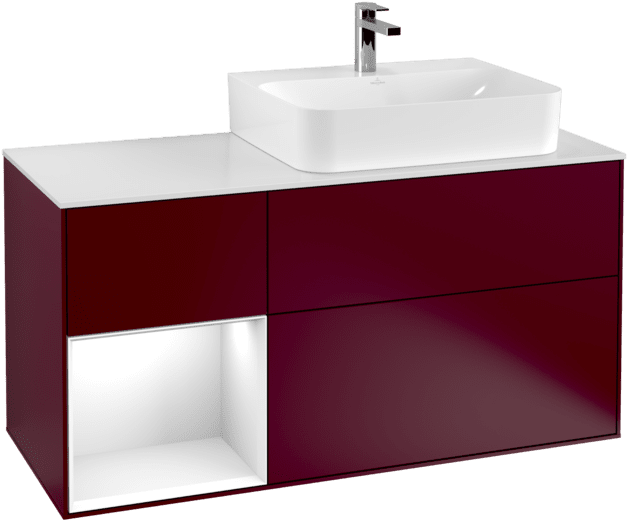VILLEROY BOCH Toaletní skříňka Finion, s osvětlením, 3 výsuvy, 1200 x 603 x 501 mm, matný lak Peony / lesklý bílý lak / matné bílé sklo #F141GFHB