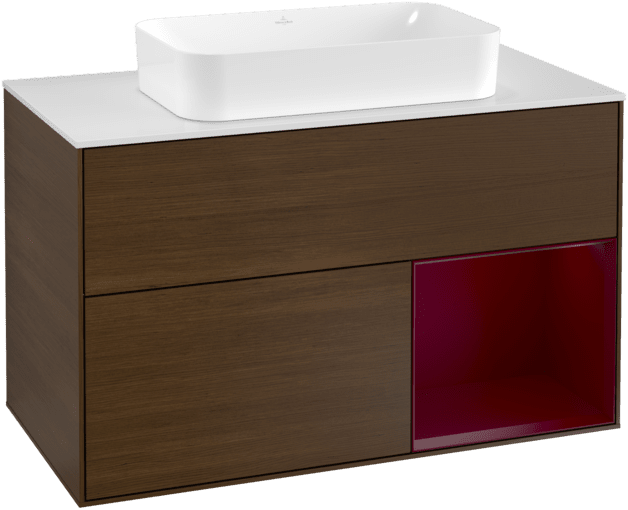 VILLEROY BOCH Toaletní skříňka Finion, s osvětlením, 2 výsuvy, 1000 x 603 x 501 mm, ořechová dýha / matný lak Pivoňka / matné bílé sklo #F251HBGN