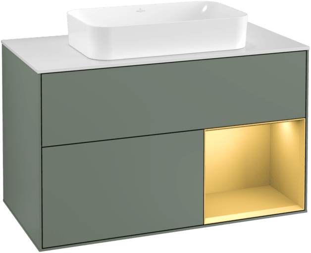 VILLEROY BOCH Toaletní skříňka Finion, s osvětlením, 2 výsuvy, 1000 x 603 x 501 mm, olivový matný lak / zlatý matný lak / bílé matné sklo #F251HFGM