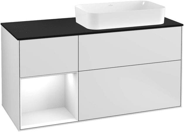VILLEROY BOCH Toaletní skříňka Finion, s osvětlením, 3 výsuvy, 1200 x 603 x 501 mm, bílý matný lak / bílý lesklý lak / černé matné sklo #F272GFMT
