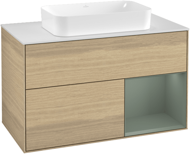 VILLEROY BOCH Toaletní skříňka Finion, s osvětlením, 2 výsuvy, 1000 x 603 x 501 mm, dubová dýha / olivový matný lak / sklo bílé matné #F251GMPC