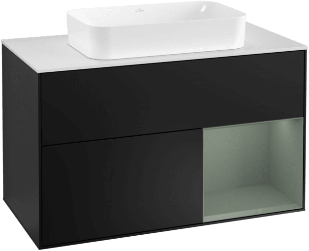 VILLEROY BOCH Toaletní skříňka Finion, s osvětlením, 2 výsuvy, 1000 x 603 x 501 mm, černý matný lak / olivový matný lak / bílé matné sklo #F251GMPD