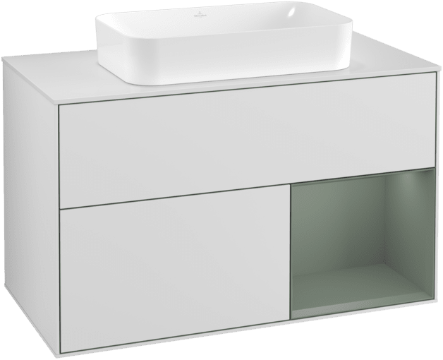 VILLEROY BOCH Toaletní skříňka Finion, s osvětlením, 2 výsuvy, 1000 x 603 x 501 mm, bílý matný lak / olivový matný lak / bílé matné sklo #F251GMMT