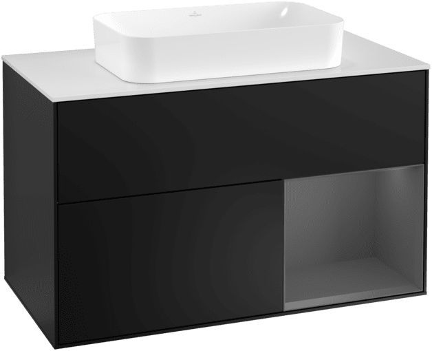 VILLEROY BOCH Toaletní skříňka Finion, s osvětlením, 2 výsuvy, 1000 x 603 x 501 mm, černý matný lak / antracitový matný lak / bílé matné sklo #F251GKPD
