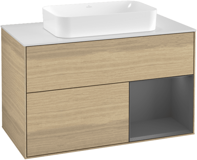 VILLEROY BOCH Toaletní skříňka Finion, s osvětlením, 2 výsuvy, 1000 x 603 x 501 mm, dubová dýha / antracitový matný lak / bílé matné sklo #F251GKPC