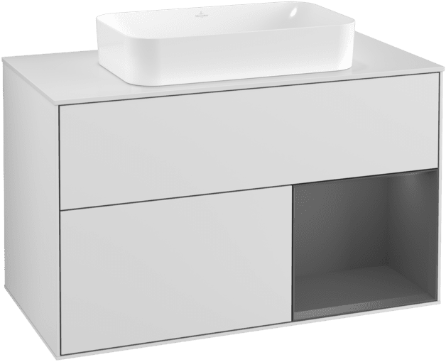 VILLEROY BOCH Toaletní skříňka Finion, s osvětlením, 2 výsuvy, 1000 x 603 x 501 mm, bílý matný lak / antracitový matný lak / bílé matné sklo #F251GKMT