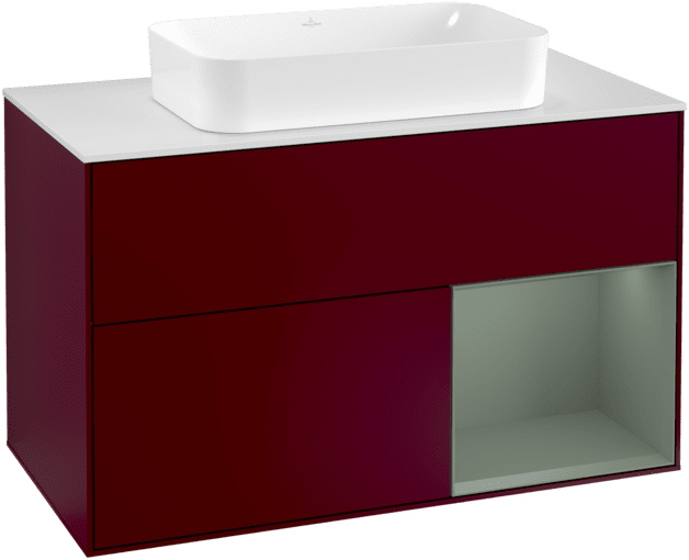 VILLEROY BOCH Toaletní skříňka Finion, s osvětlením, 2 výsuvy, 1000 x 603 x 501 mm, Pivoňka matný lak / Olivový matný lak / Sklo bílé matné #F251GMHB