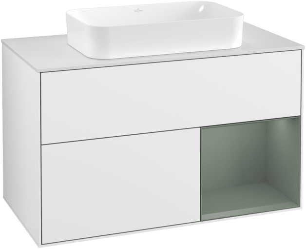 VILLEROY BOCH Toaletní skříňka Finion, s osvětlením, 2 výsuvy, 1000 x 603 x 501 mm, lesklý bílý lak / olivově matný lak / sklo bílé matné #F251GMGF