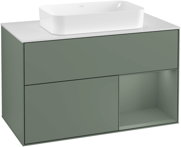 VILLEROY BOCH Toaletní skříňka Finion, s osvětlením, 2 výsuvy, 1000 x 603 x 501 mm, olivově matný lak / olivově matný lak / sklo bílé matné #F251GMGM
