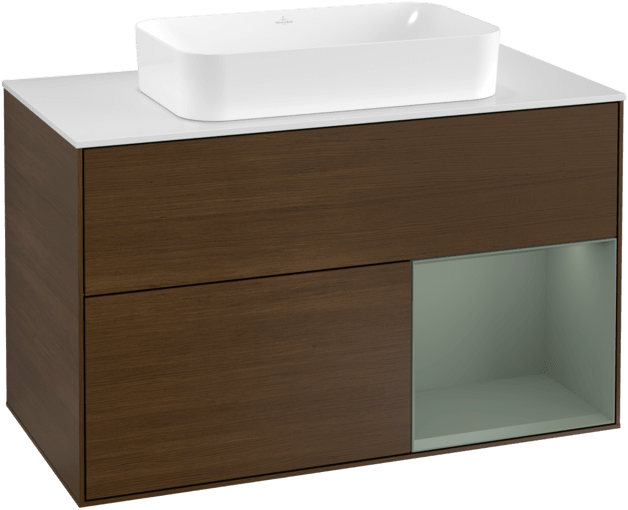 VILLEROY BOCH Toaletní stolek Finion, s osvětlením, 2 výsuvy, 1000 x 603 x 501 mm, ořechová dýha / olivový matný lak / sklo bílé matné #F251GMGN