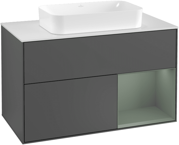 VILLEROY BOCH Toaletní skříňka Finion, s osvětlením, 2 výsuvy, 1000 x 603 x 501 mm, antracitový matný lak / olivový matný lak / bílé matné sklo #F251GMGK