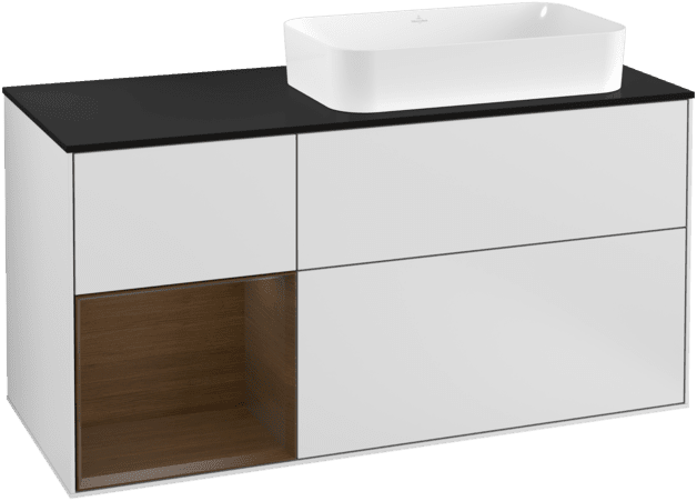 VILLEROY BOCH Toaletní skříňka Finion, s osvětlením, 3 výsuvy, 1200 x 603 x 501 mm, bílý matný lak / ořechová dýha / černé matné sklo #F272GNMT