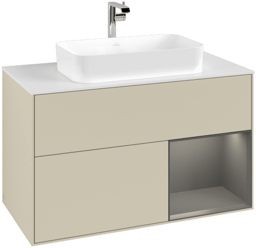 VILLEROY BOCH Toaletní skříňka Finion, s osvětlením, 2 výsuvy, 1000 x 603 x 501 mm, hedvábně šedý matný lak / antracitový matný lak / bílé matné sklo #F251GKHJ