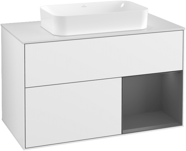 VILLEROY BOCH Umyvadlová skříňka Finion, s osvětlením, 2 výsuvy, 1000 x 603 x 501 mm, lesklý bílý lak / antracitový matný lak / bílé matné sklo #F251GKGF