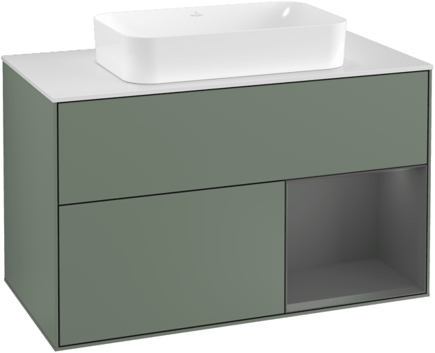 VILLEROY BOCH Toaletní skříňka Finion, s osvětlením, 2 výsuvy, 1000 x 603 x 501 mm, olivový matný lak / antracitový matný lak / bílé matné sklo #F251GKGM
