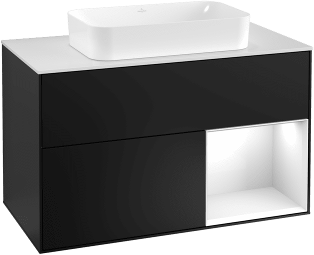 VILLEROY BOCH Toaletní skříňka Finion, s osvětlením, 2 výsuvy, 1000 x 603 x 501 mm, černý matný lak / bílý lesklý lak / bílé matné sklo #F251GFPD