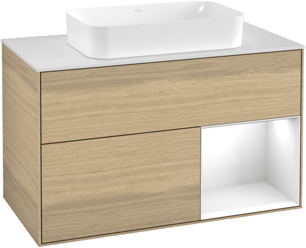 VILLEROY BOCH Toaletní stolek Finion, s osvětlením, 2 výsuvy, 1000 x 603 x 501 mm, dubová dýha / lesklý bílý lak / sklo bílé matné #F251GFPC