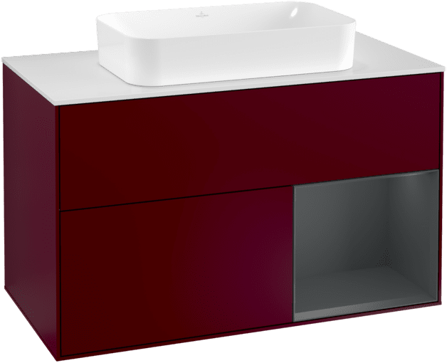 VILLEROY BOCH Toaletní skříňka Finion, s osvětlením, 2 výsuvy, 1000 x 603 x 501 mm, Pivoňka matný lak / Půlnoční modrá matný lak / Sklo bílé matné #F251HGHB